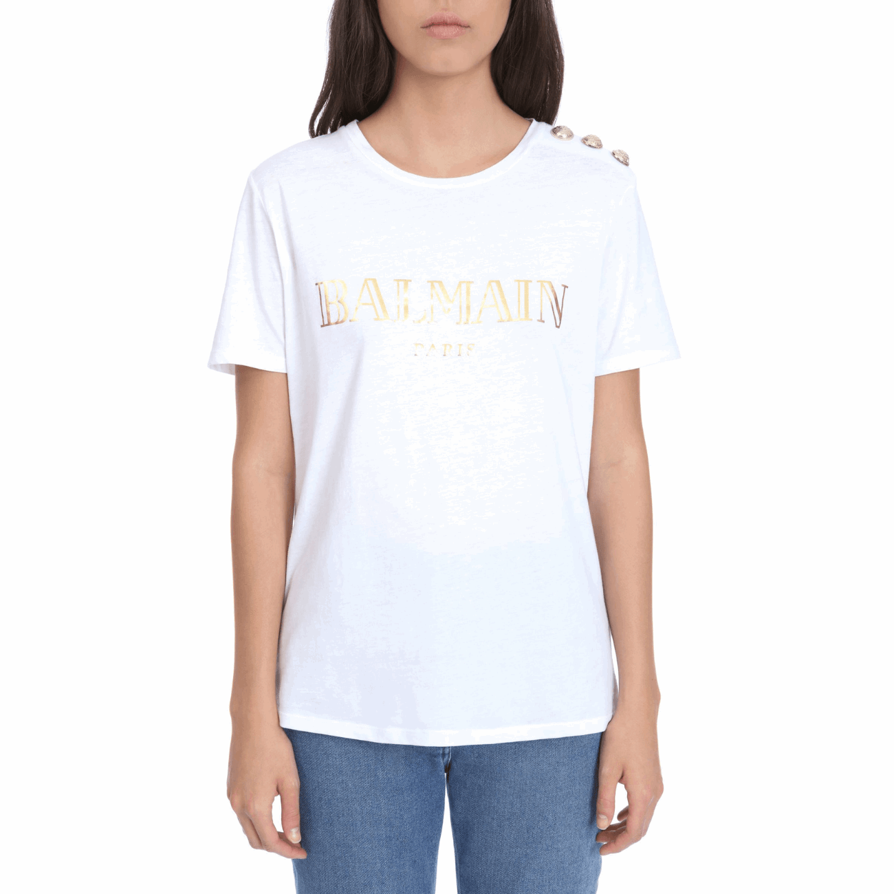 Balmain TF11350 I366 GAD Gold Balmain Logo Print Women's T-Shirt, White - STYLIAN