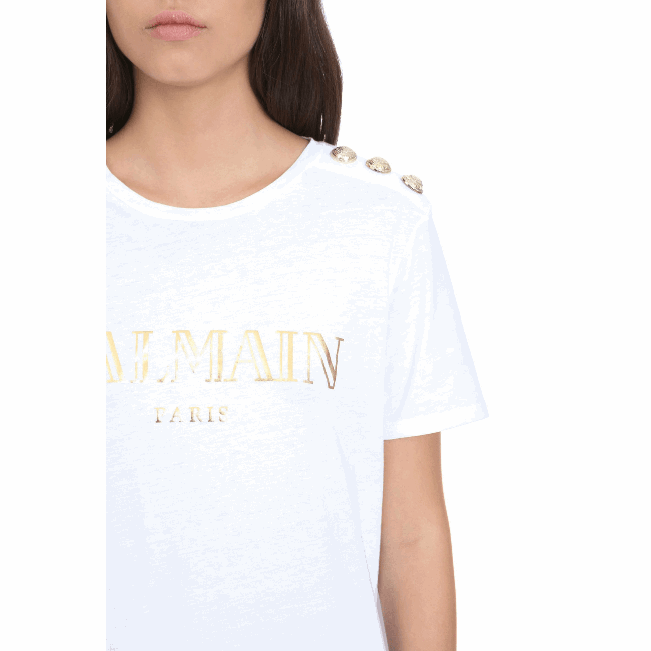 Balmain TF11350 I366 GAD Gold Balmain Logo Print Women's T-Shirt, White - STYLIAN