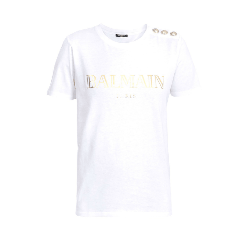 Balmain TF11350 I366 GAD Gold Balmain Logo Print Women's T-Shirt, White - STYLIAN